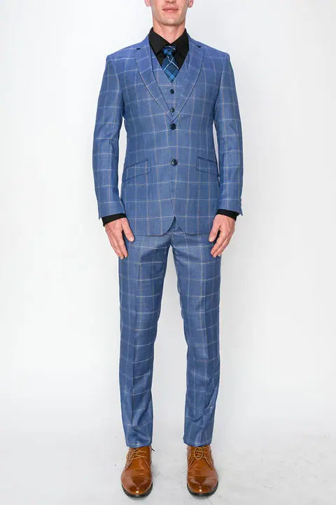 Blue 3 Piece Plaid Suit