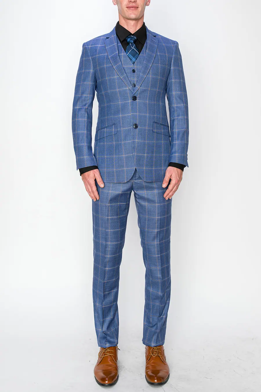 Blue 3 Piece Plaid Suit