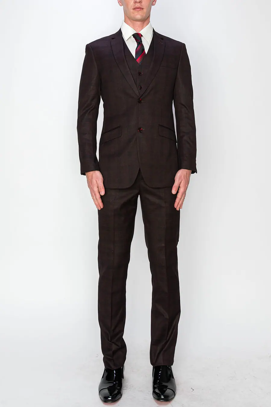 Burgundy 3 Piece Plaid Suit