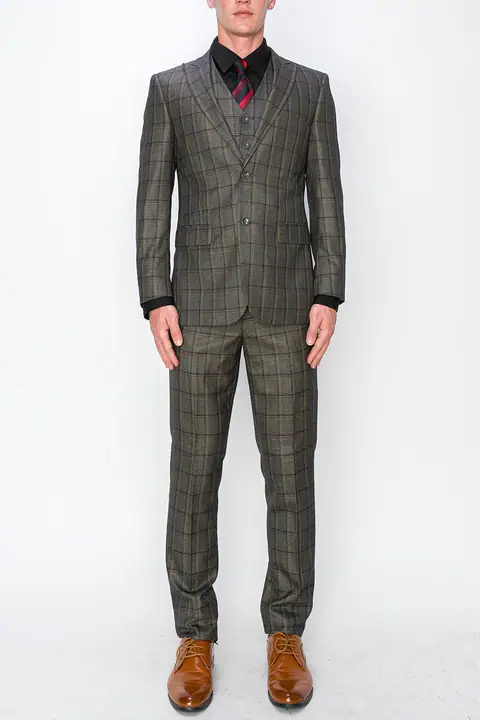 Beige 3 Piece Plaid Suit