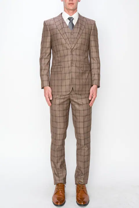 Brown 3 Piece Plaid Suit