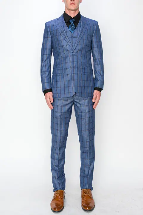 Blue 3 Piece Plaid Suit
