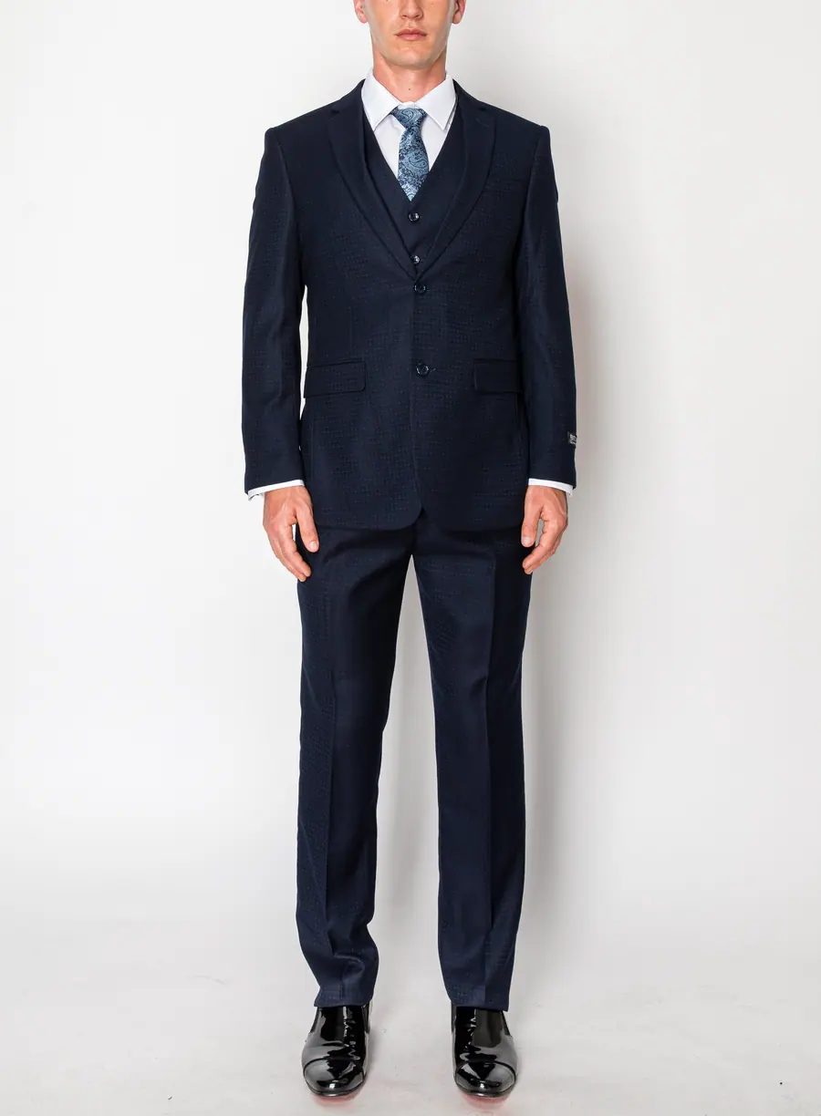 Navy 3 Piece Textured Suit