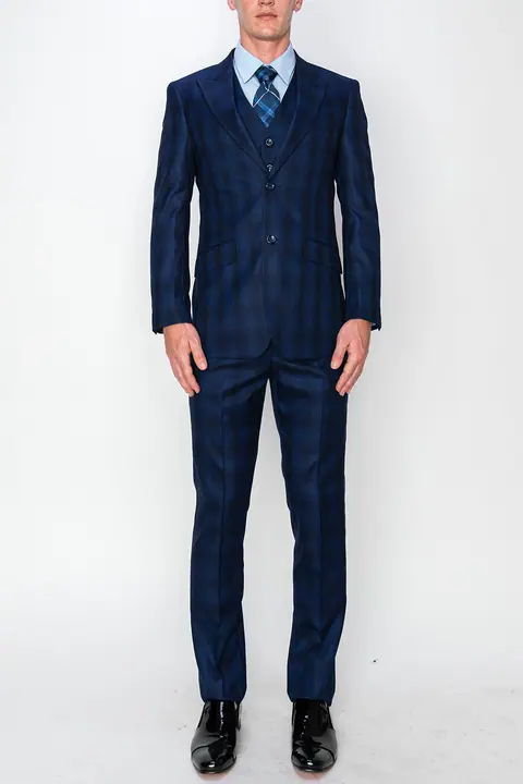 Blue 3 Piece Plaid Suit