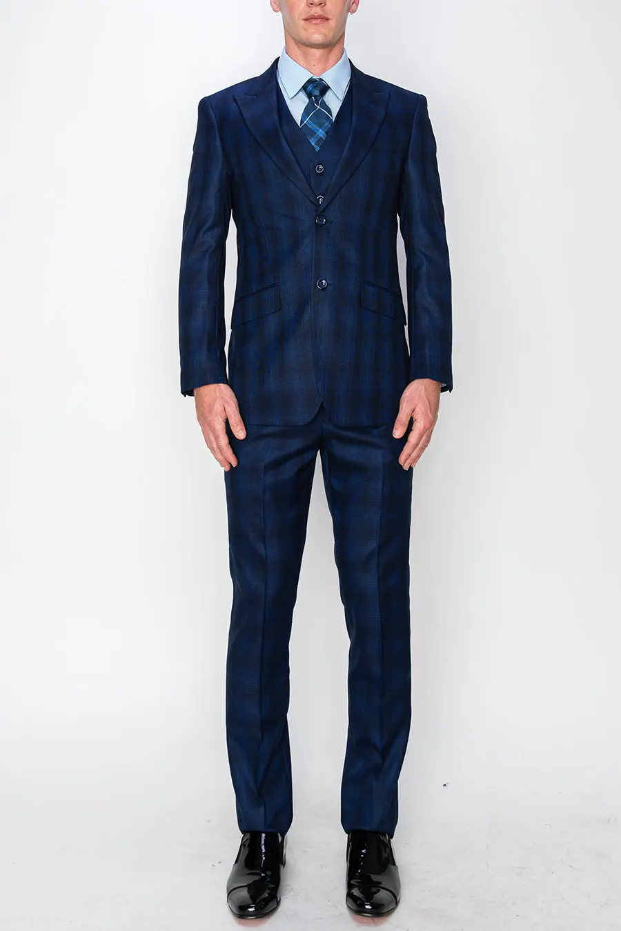 Blue 3 Piece Plaid Suit
