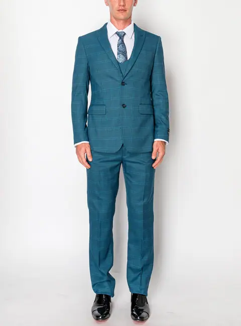 Blue 3 Piece Plaid Suit