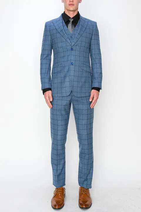 Blue 3 Piece Plaid Suit