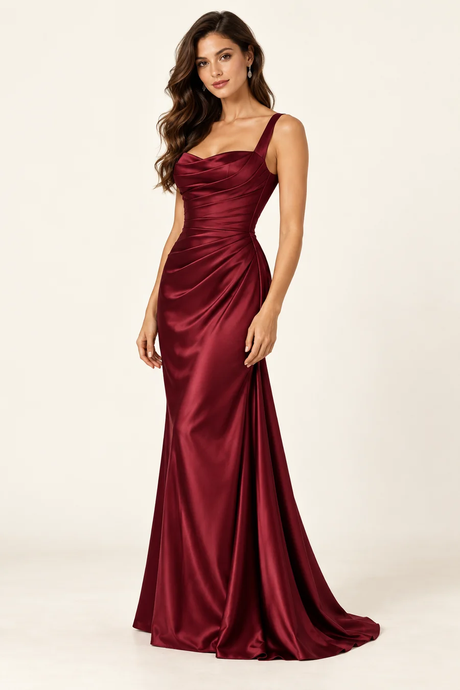 Conceptual model wearing a burgundy formal gown