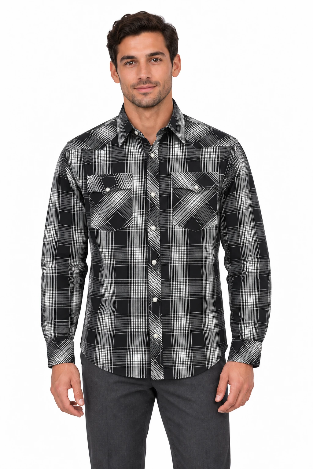 Men's Plaid Pearl Snap Long Sleeve Shirt