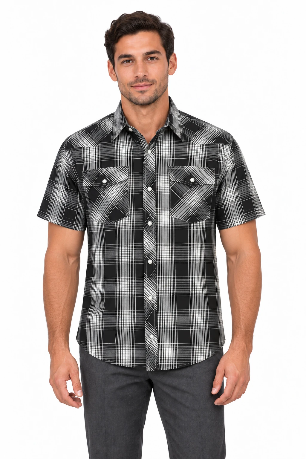 Men's Plaid Pearl Snap Short Sleeve Shirt
