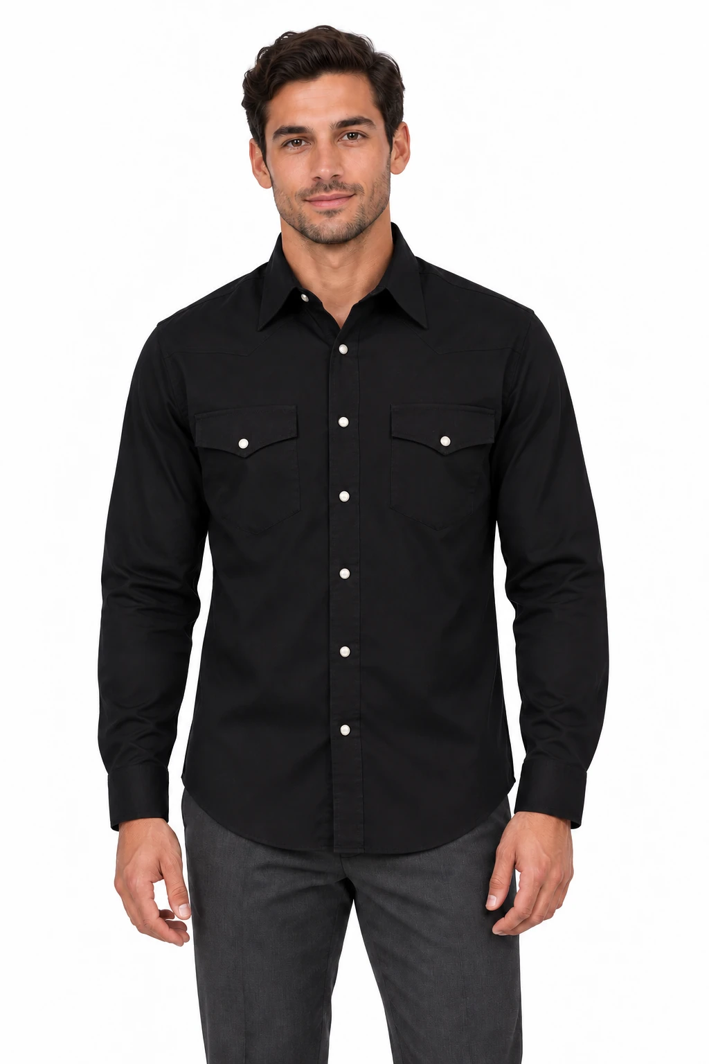Men's Solid Pearl Snap Long Sleeve Shirt