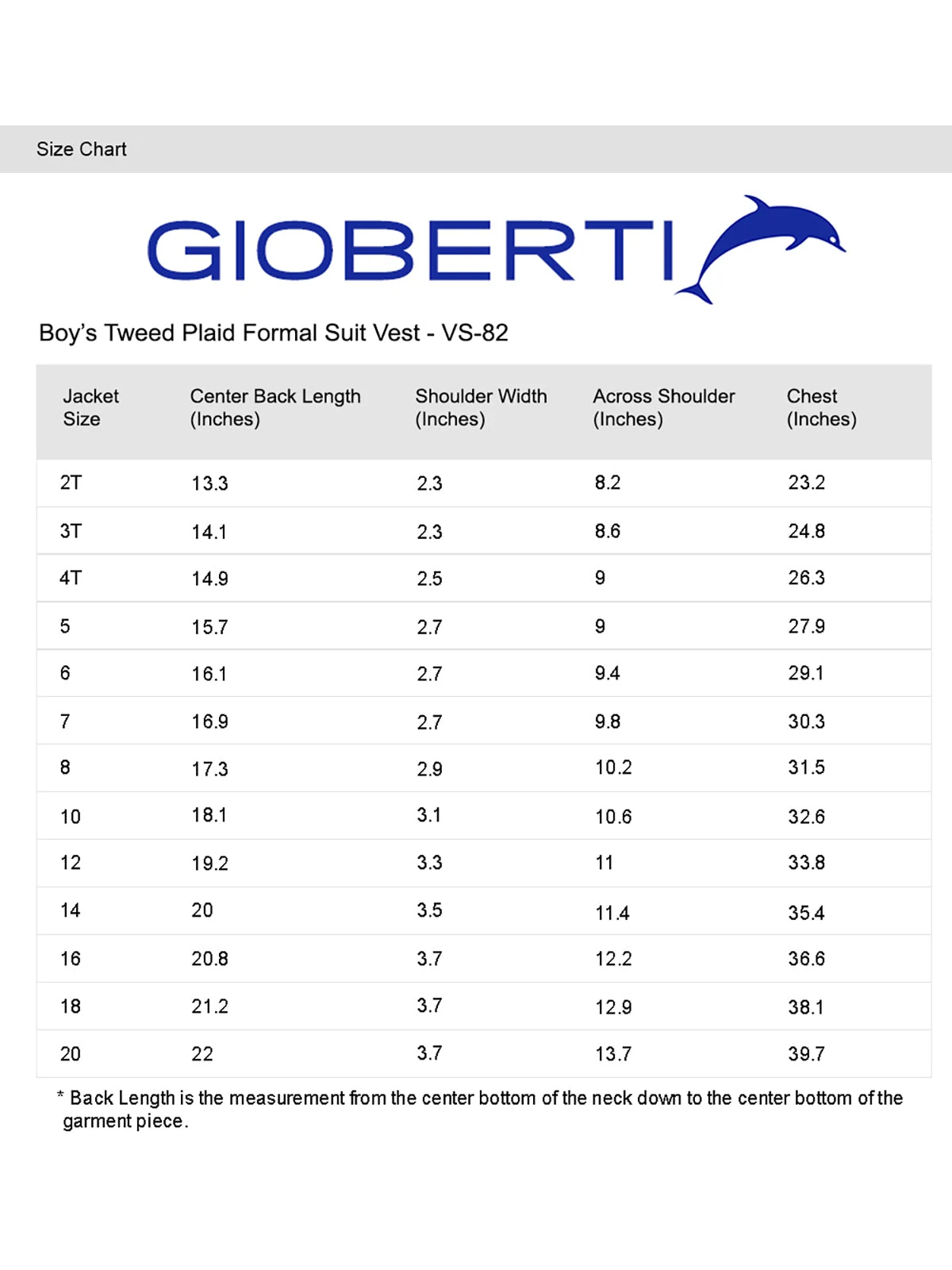 Boy's Tweed Suit Vest size chart
