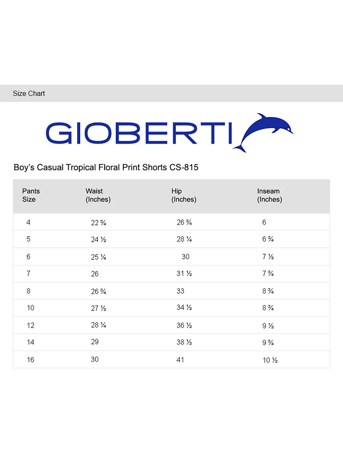 Boy's Tropical Print Shorts size chart