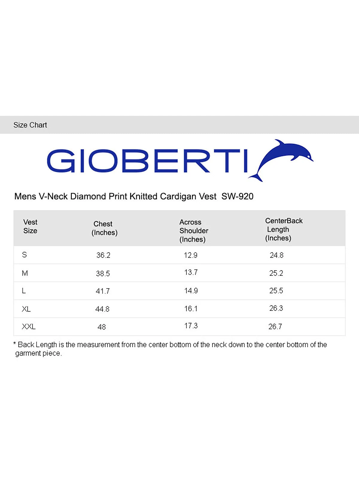 Men's Diamond Vest size chart