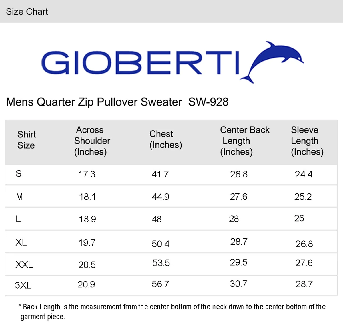 Men's Knitted Quarter Zip Sweater size chart