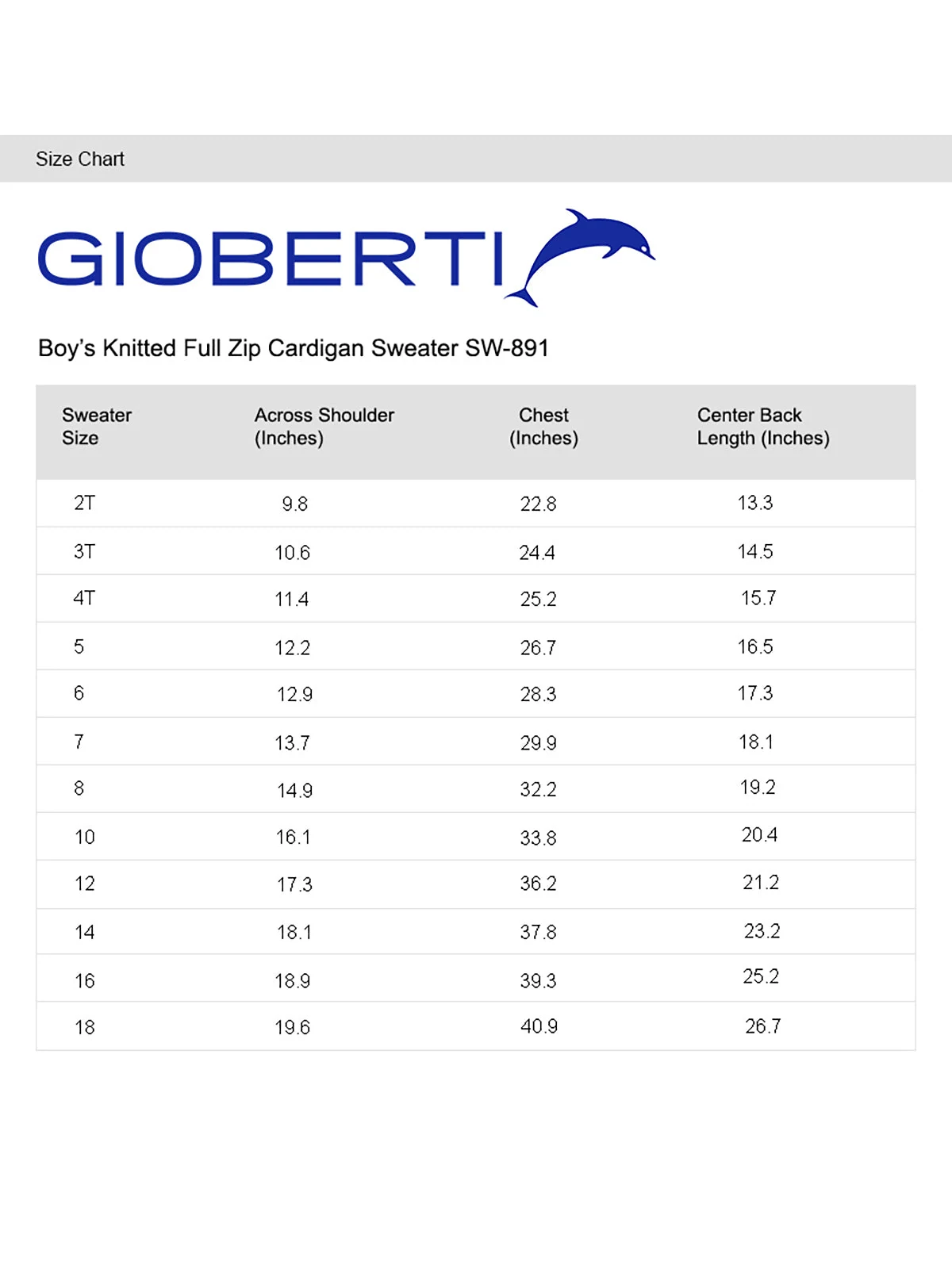 Boy's Full Zip Cardigan Sweater size chart