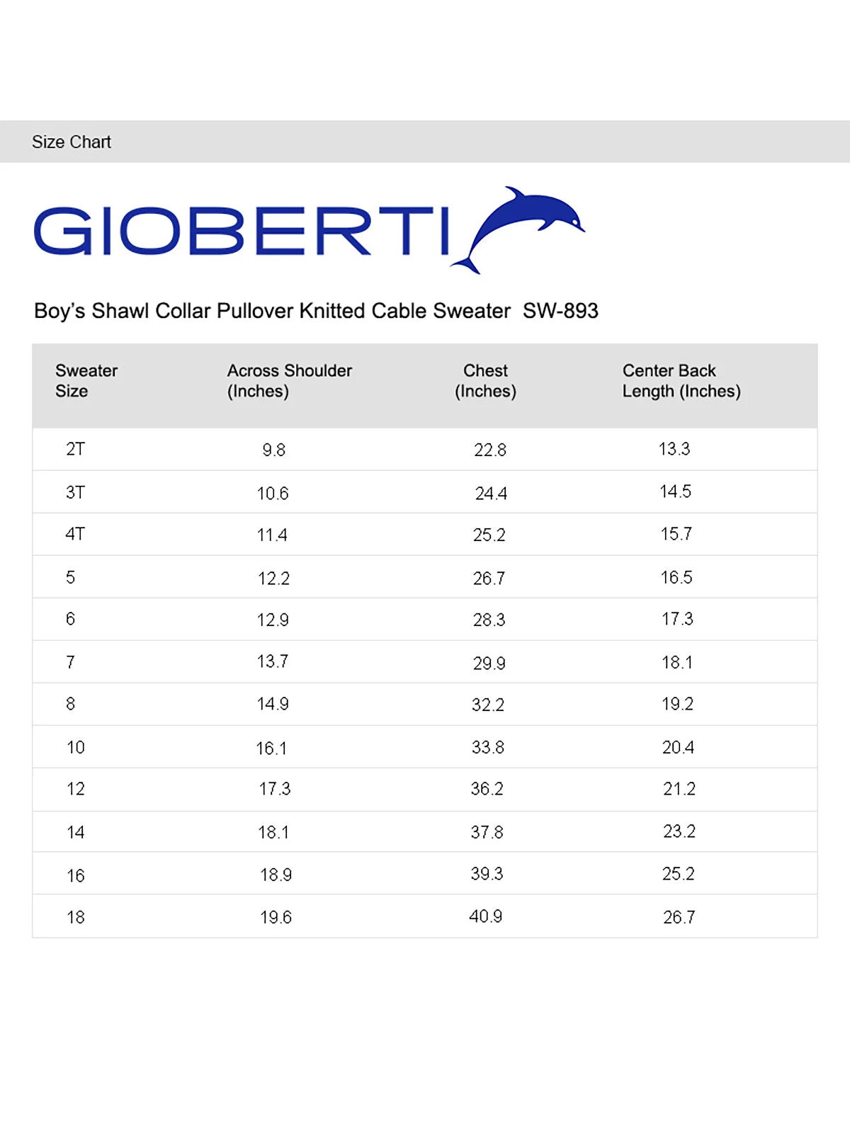 Boy's Sweater w/ Toggle Button size chart