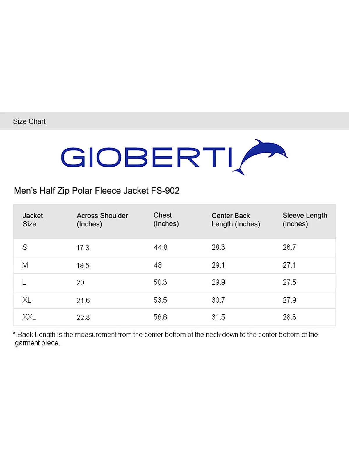 Men's Half Zip Sweater size chart