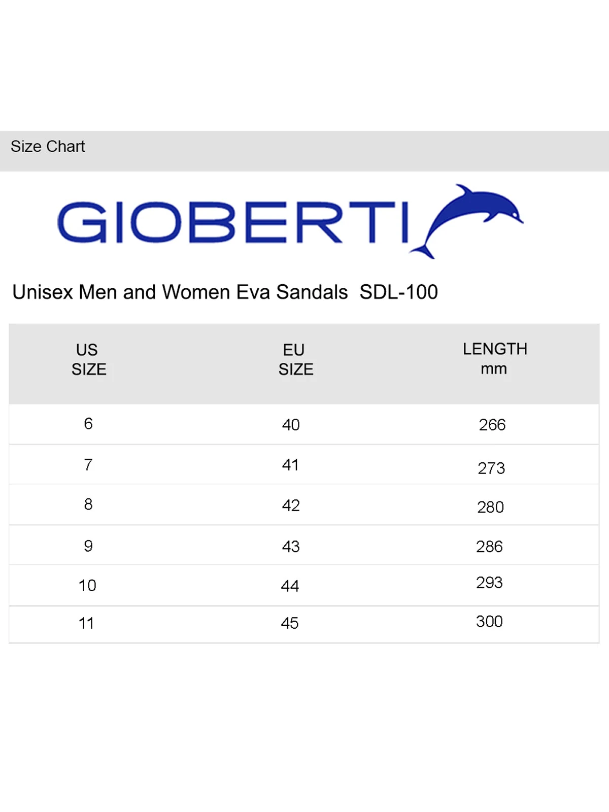 Men's EVA Sandals size chart