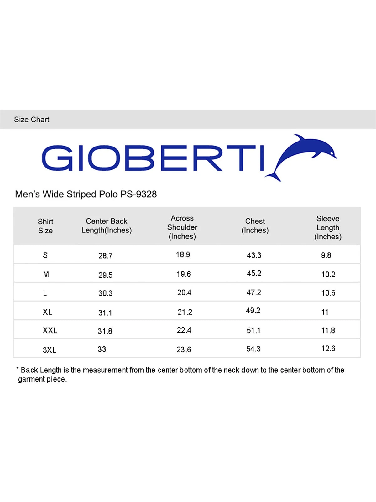 Men's Chest Stripe Polo size chart