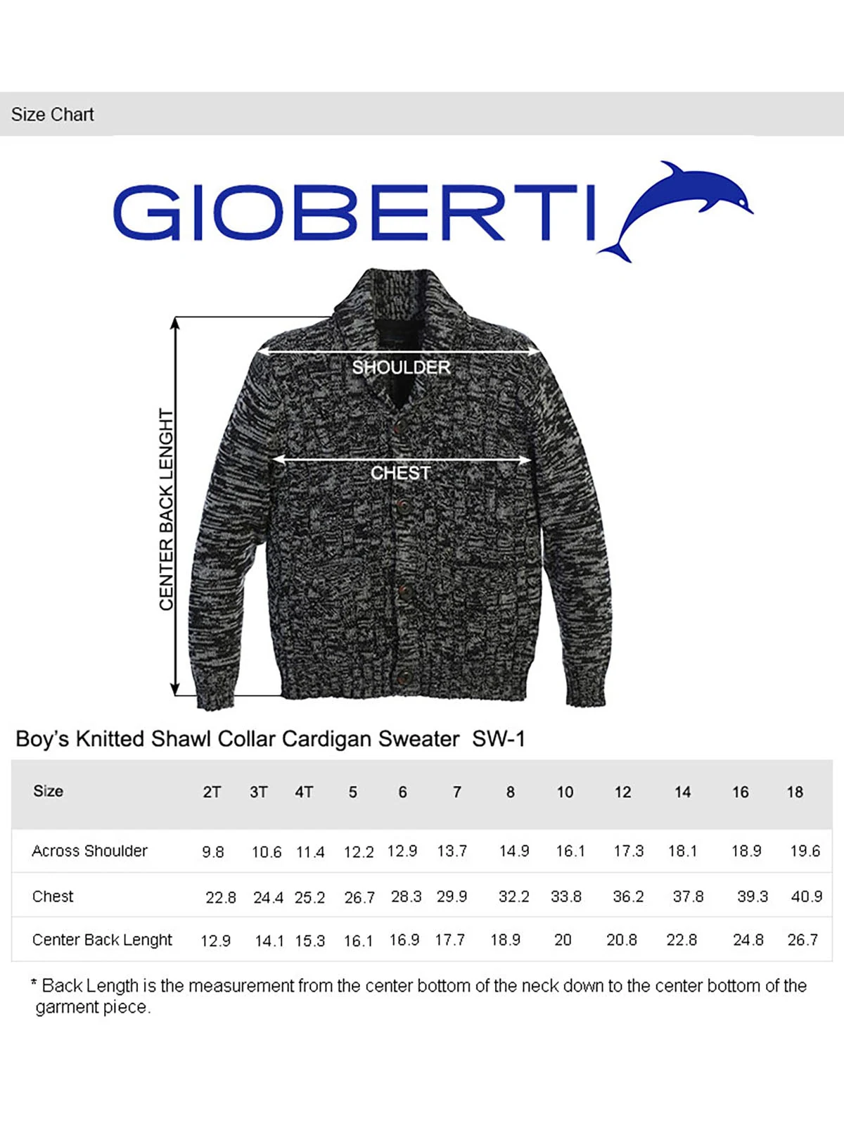 Boy's Shawl Collar Cardigan Sweater size chart