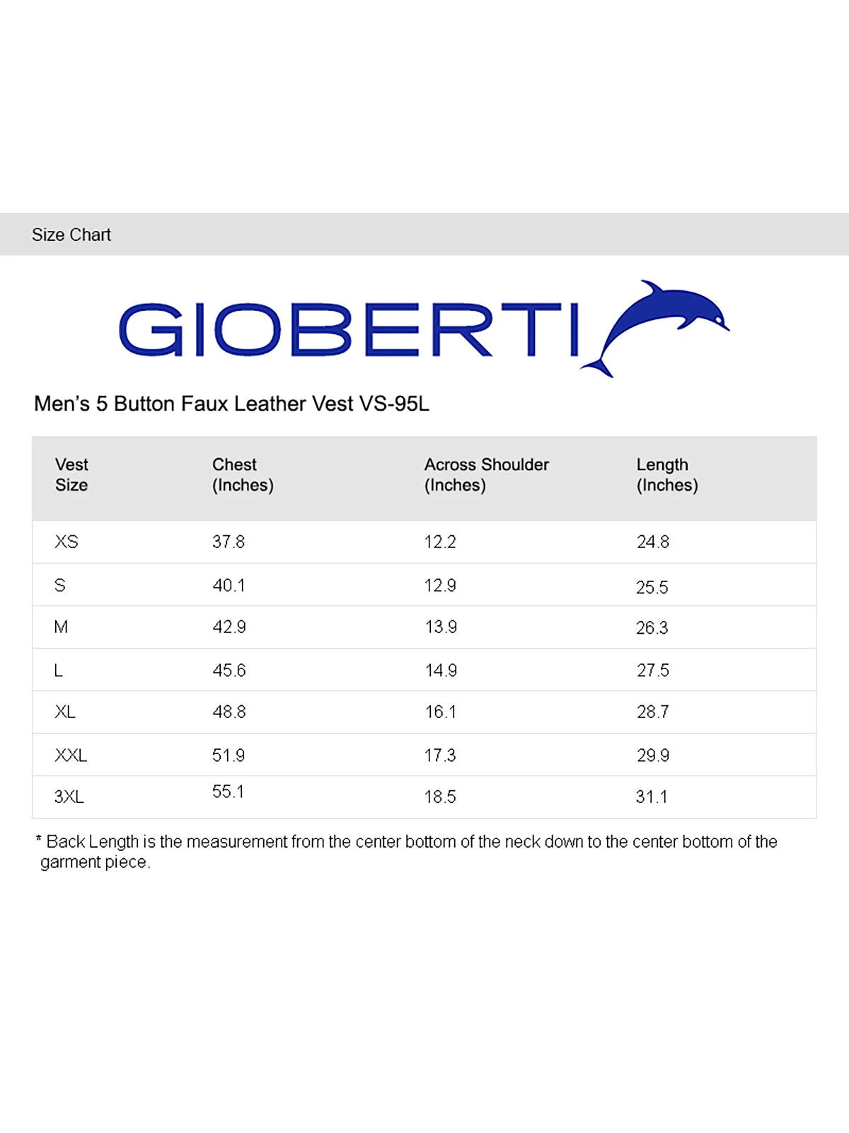 Men's Faux Leather Vest size chart