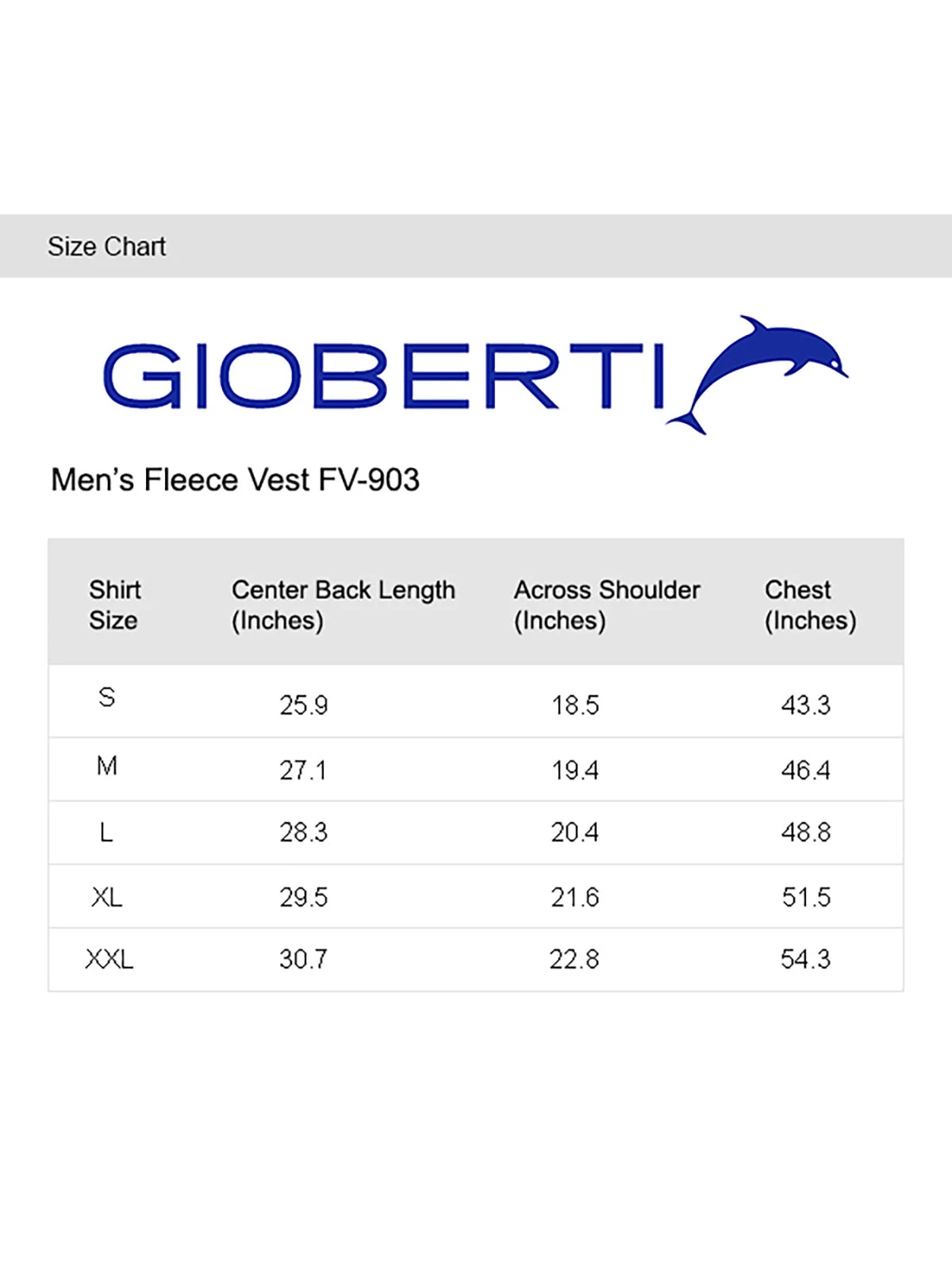 Men's Full Zipper Vest size chart