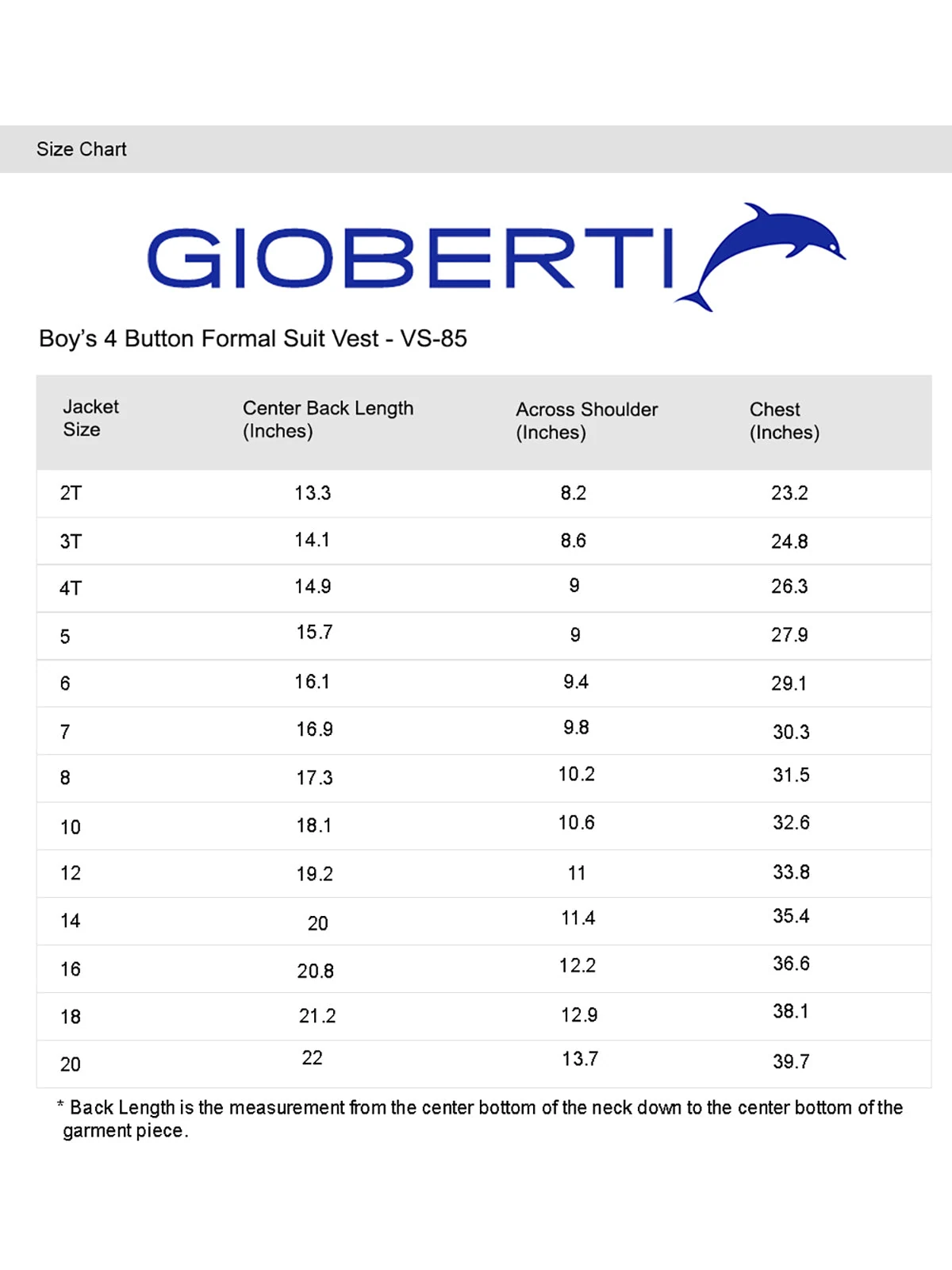Boy's Formal Suit Vest size chart