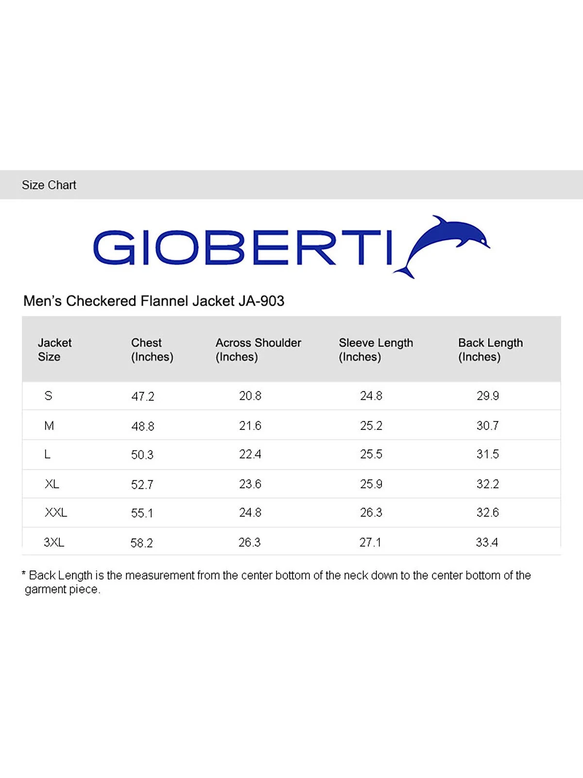 Men's Jacket w/ Removable Hood size chart