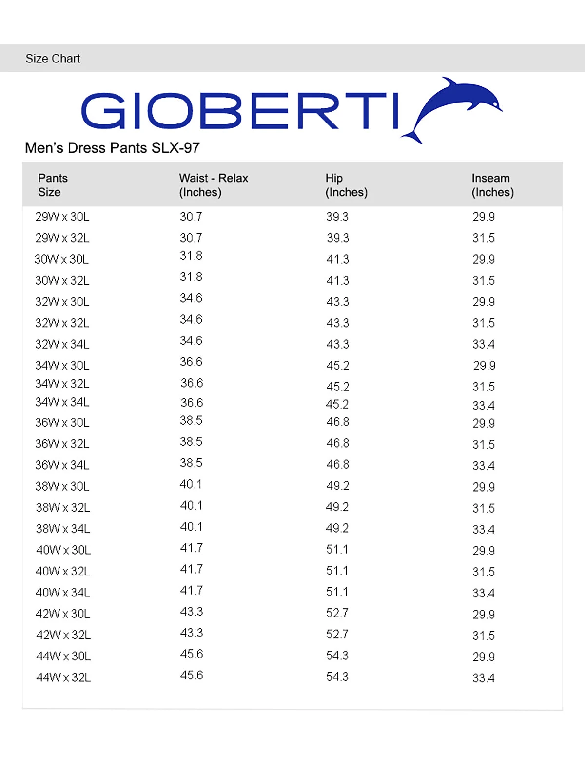 Men's Expandable Waist Dress Pants size chart