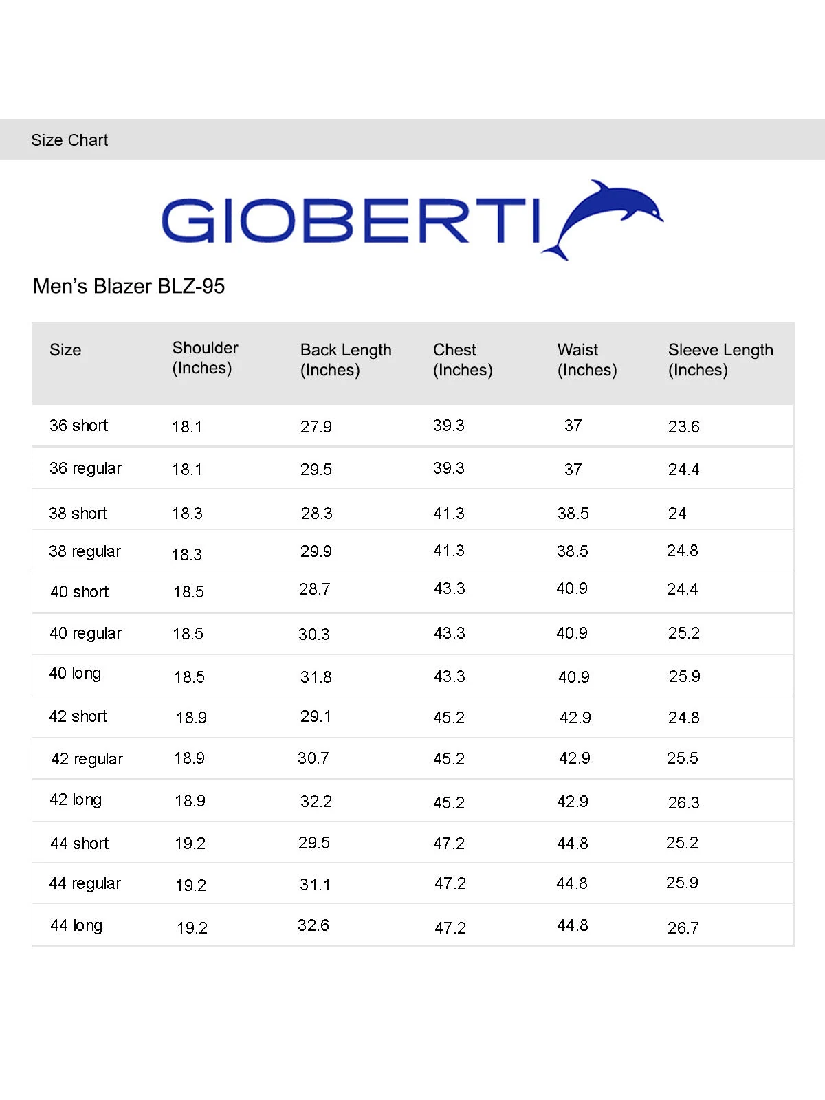 Men's Formal Blazer size chart