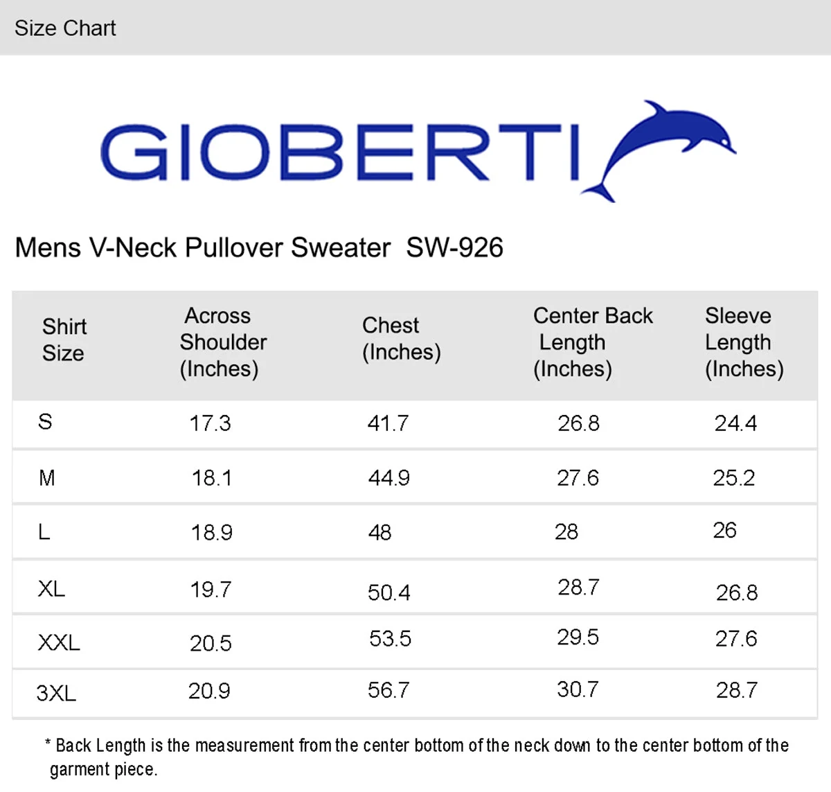 Men's Knitted V-Neck Sweater size chart