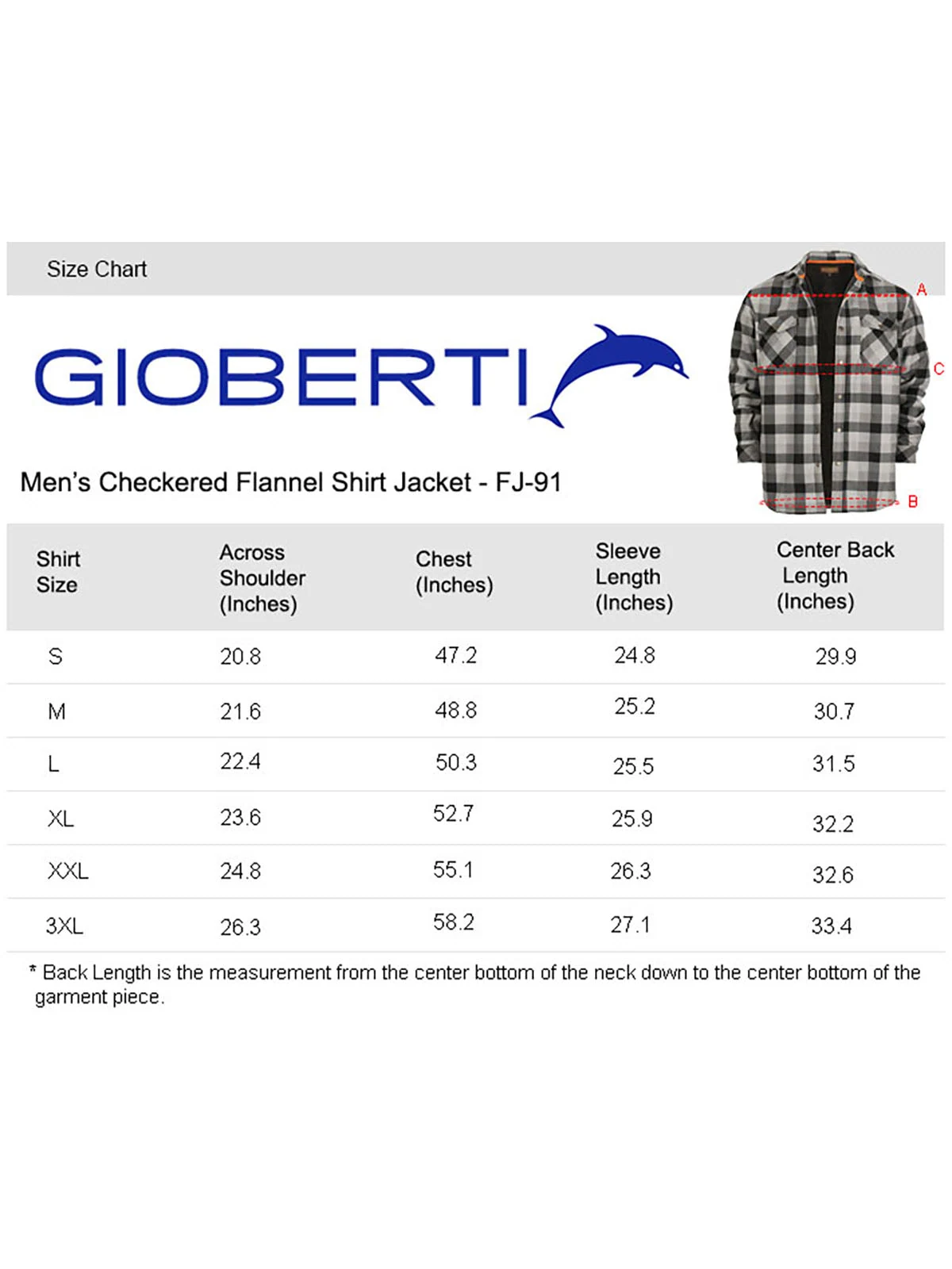 Men's Checkered Flannel Jacket size chart