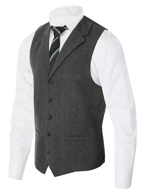 Men's 5 Button Tailored Collar Tweed Vest