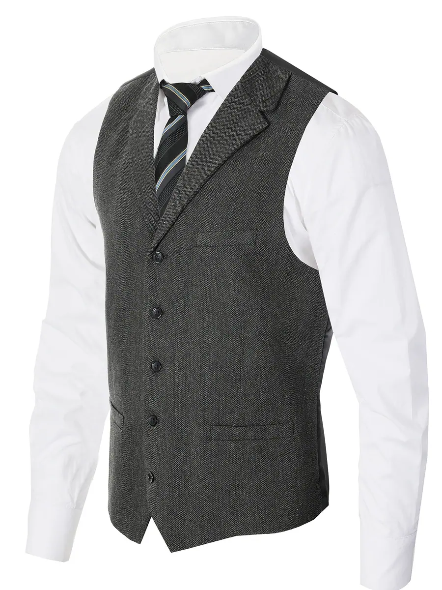 Men's 5 Button Tailored Collar Tweed Vest