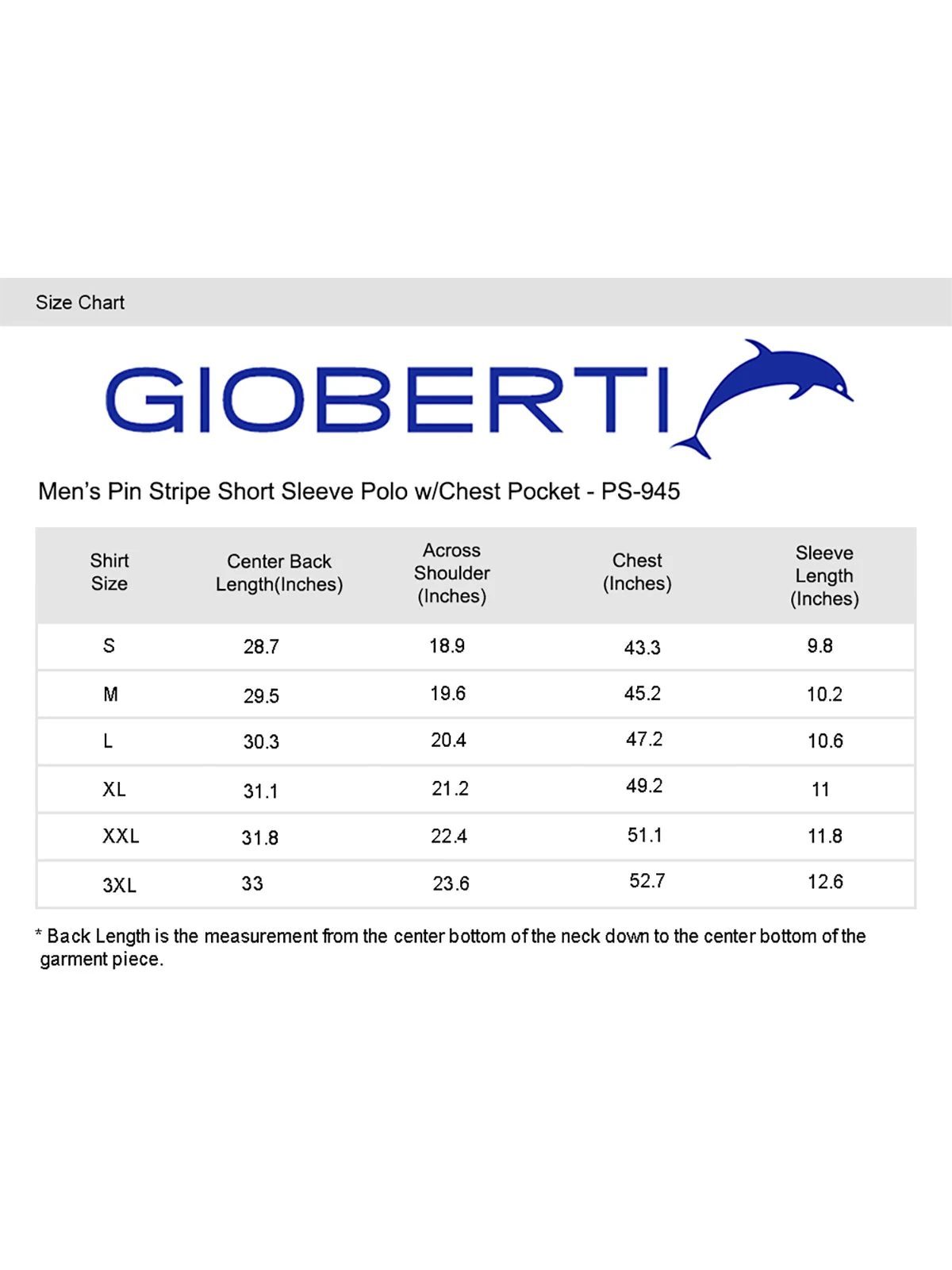Men's Pin Stripe Polo size chart