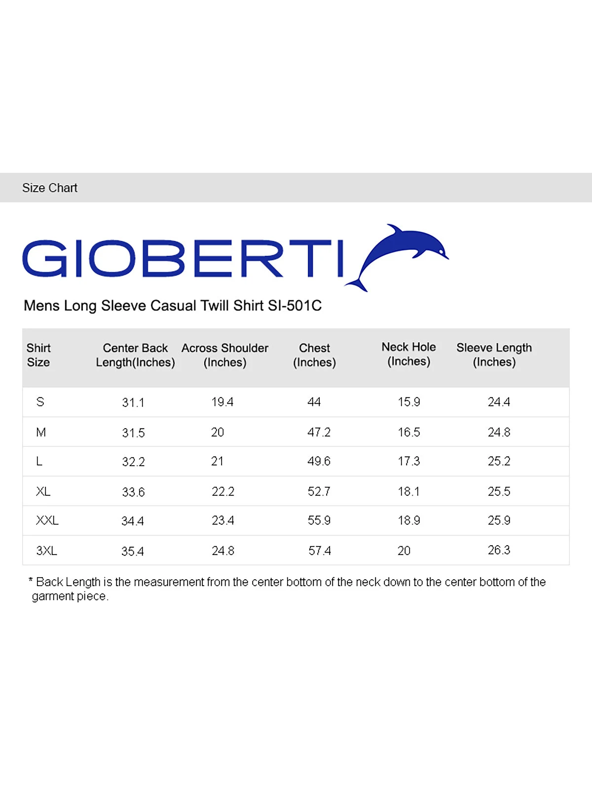 Men's Twill Shirt w/ Contrast size chart