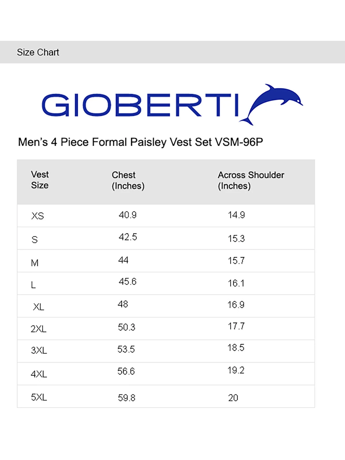 Men's 4 pc Metallic Vest Set size chart