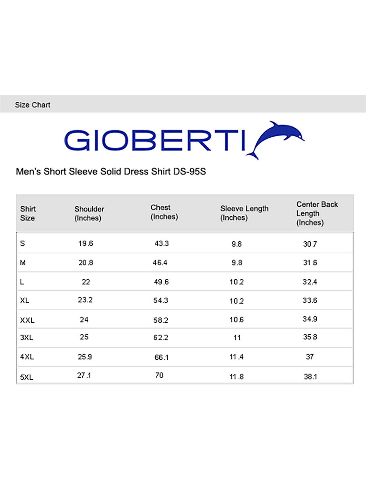 Men's Short Sleeve Shirt size chart