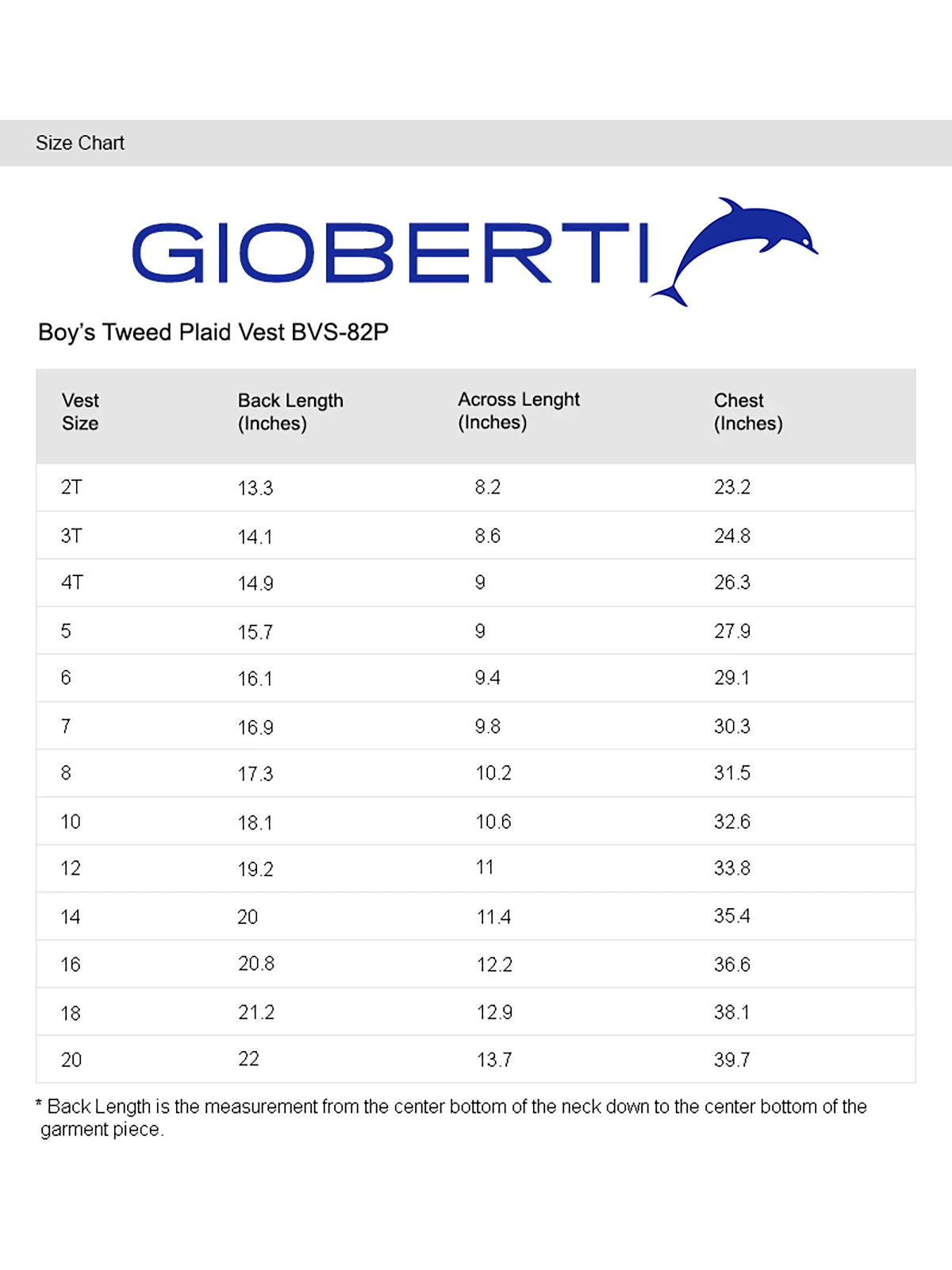 Boy's Plaid Vest Set size chart