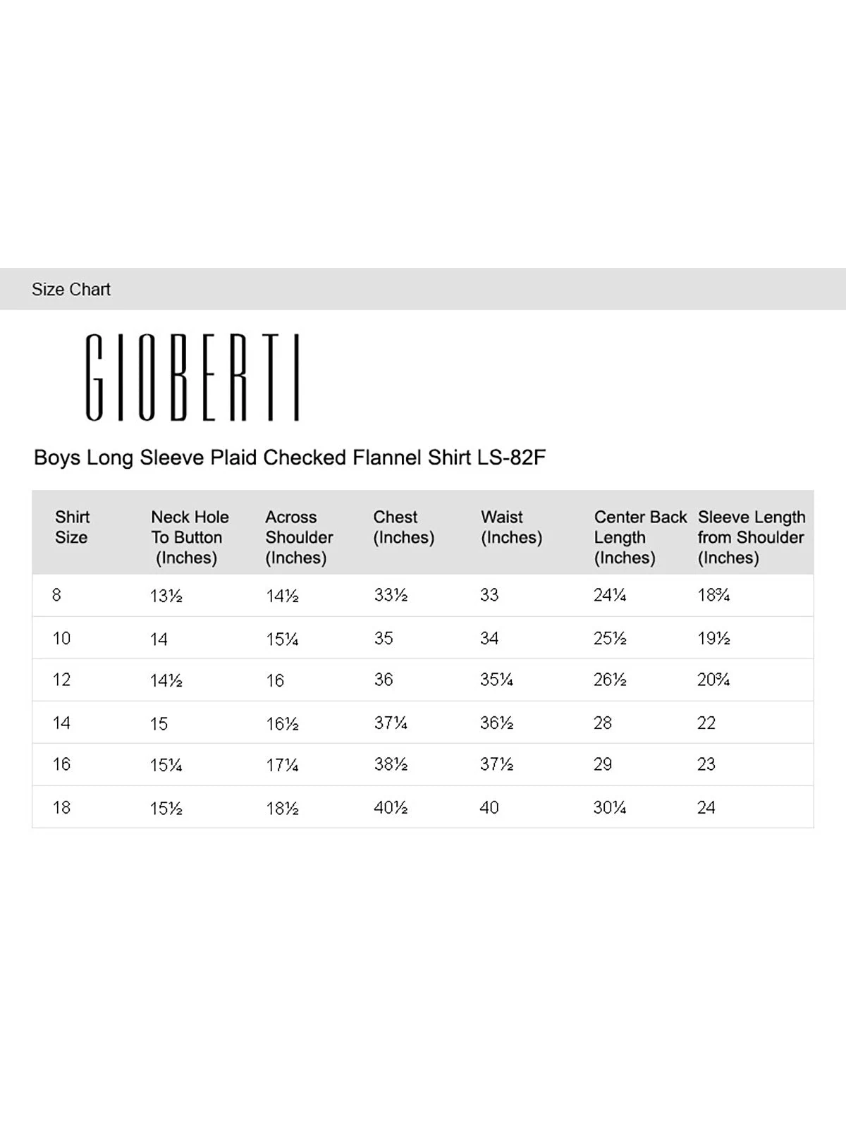 Boy's Plaid Flannel Shirt size chart