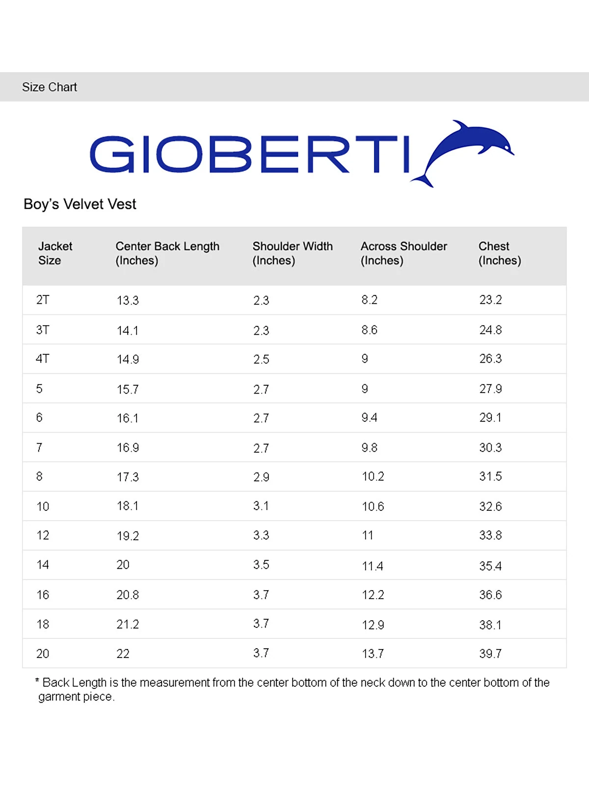 Boy's Velvet Suit Vest size chart