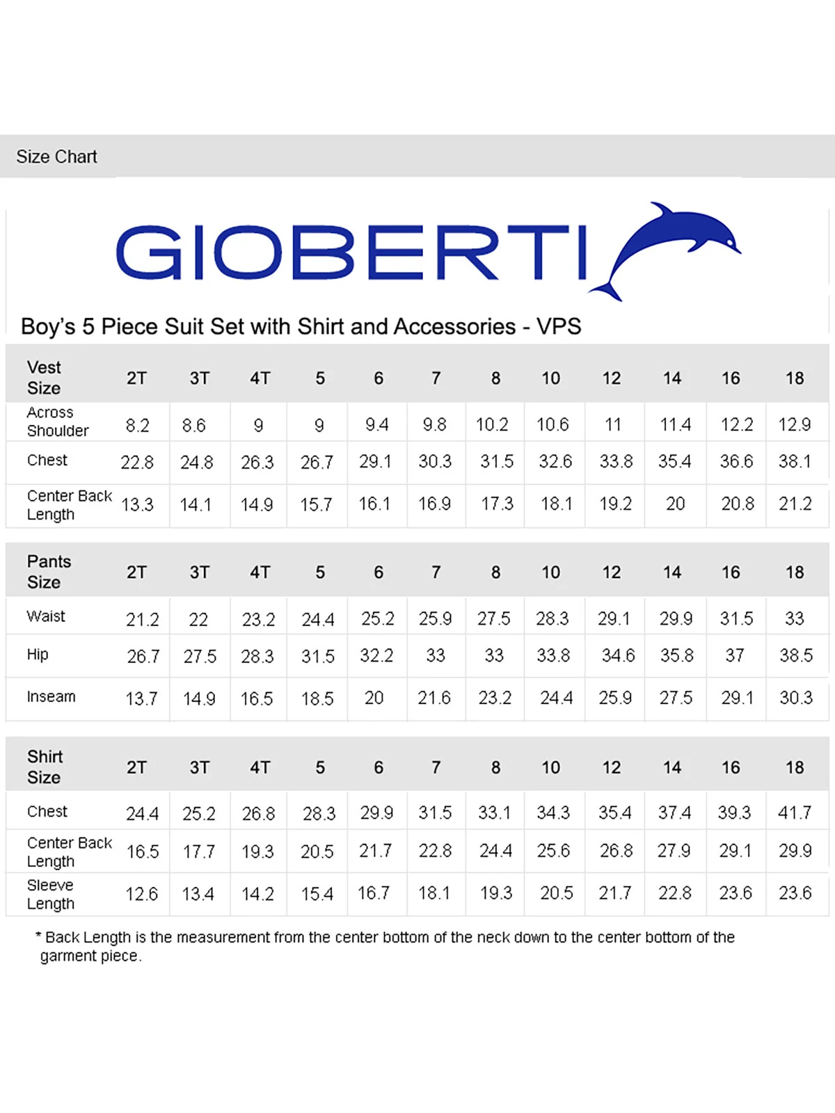 Boy's 5 pc Formal Vest Set size chart