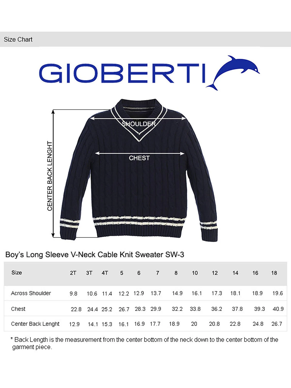 Boy's V-Neck Cable Knit Sweater size chart