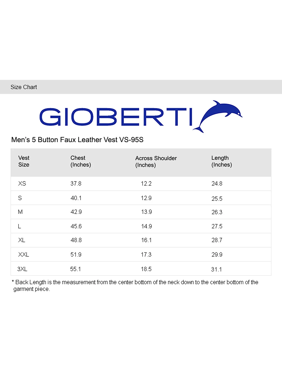Men's Faux Suede Vest size chart