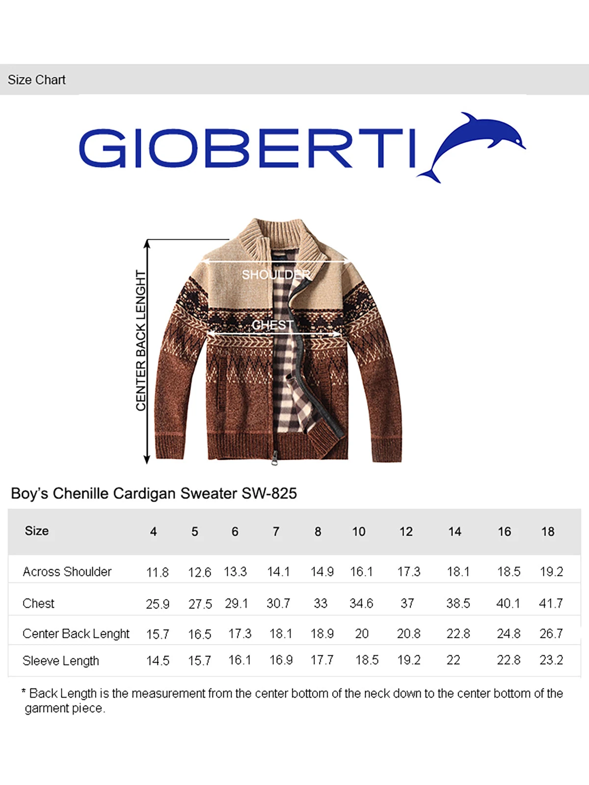 Boy's Chenille Cardigan Sweater size chart