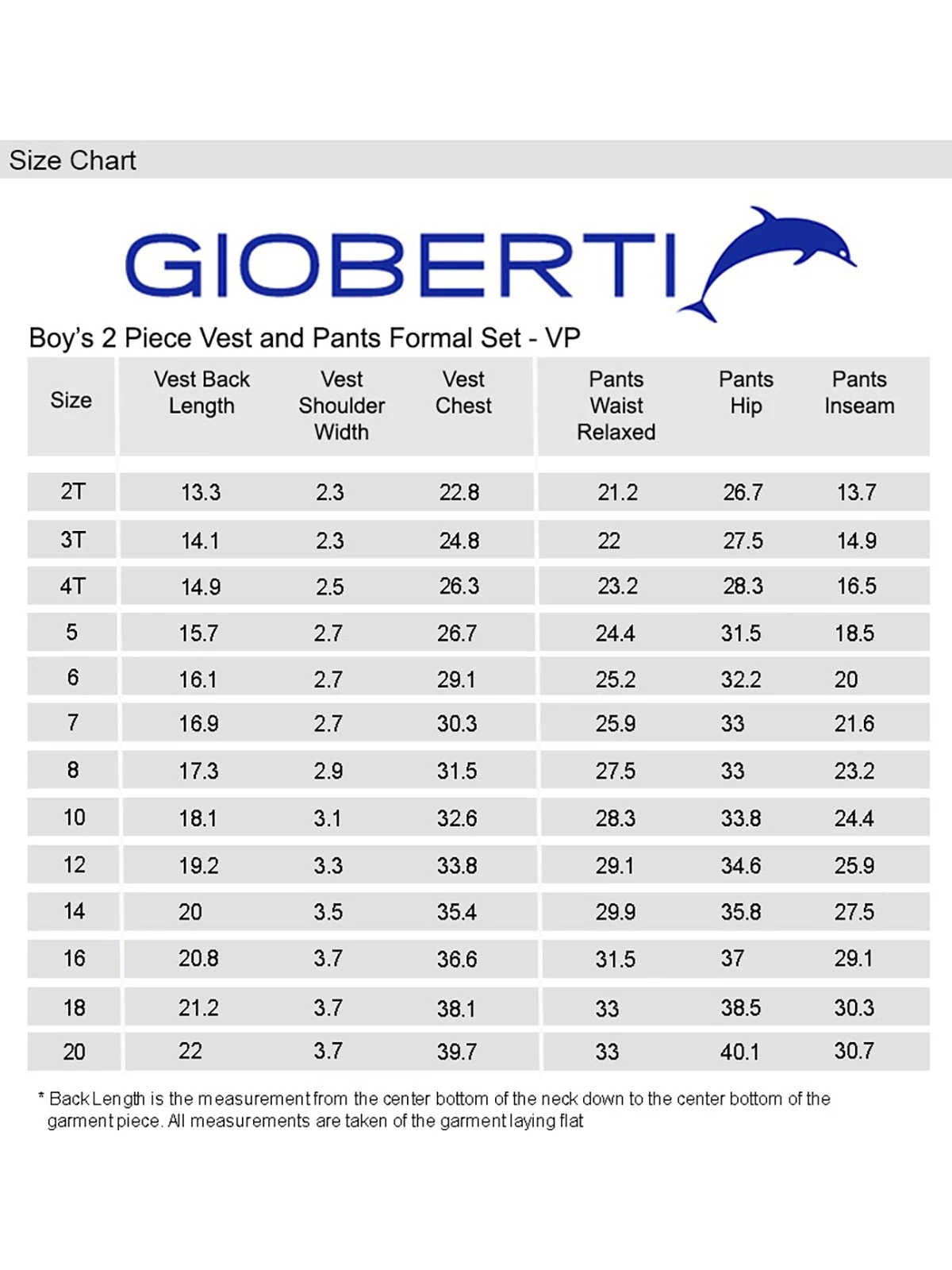 Boy's Vest and Pants Set size chart