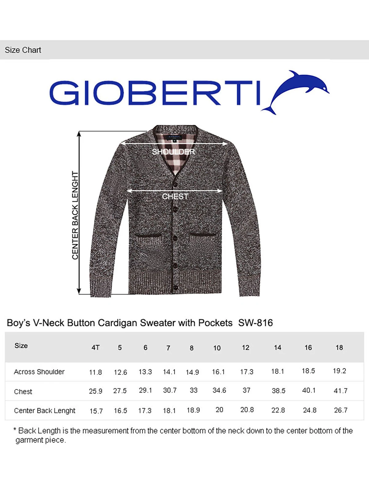 Boy's Cardigan Sweater size chart