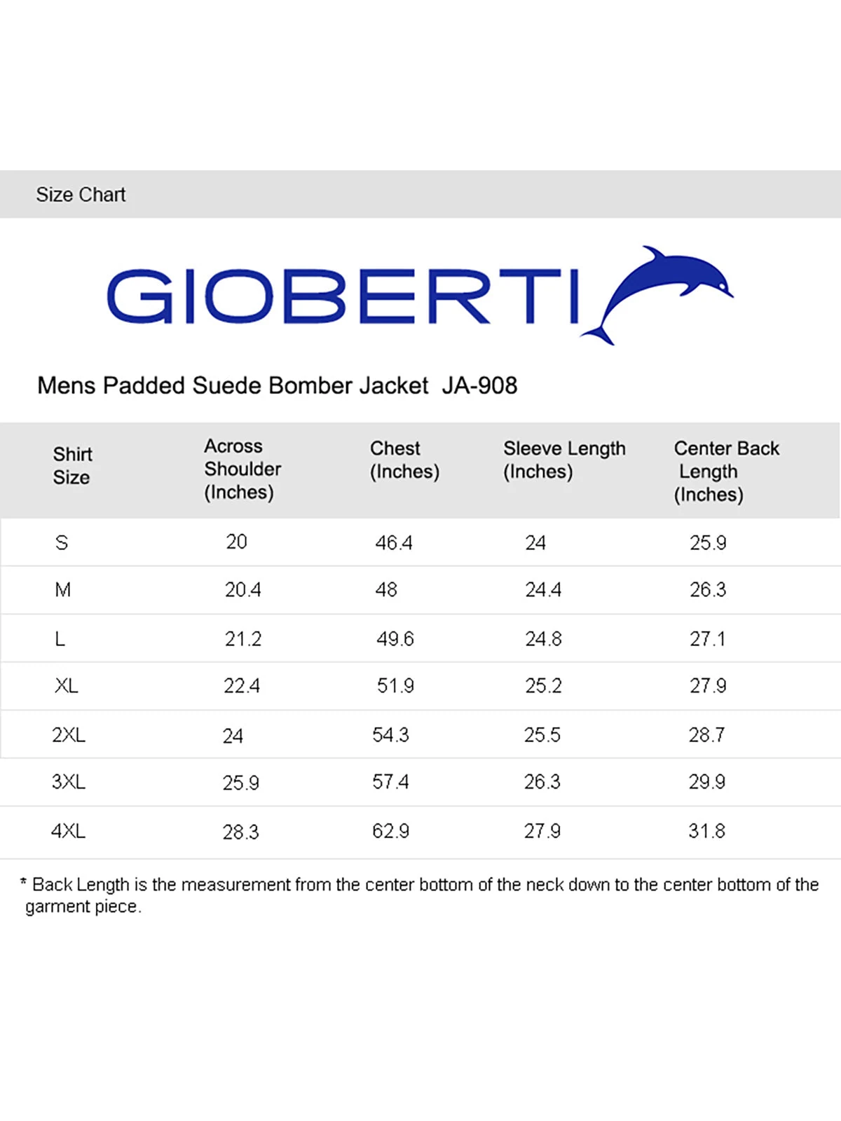 Men's Padded Bomber Jacket size chart