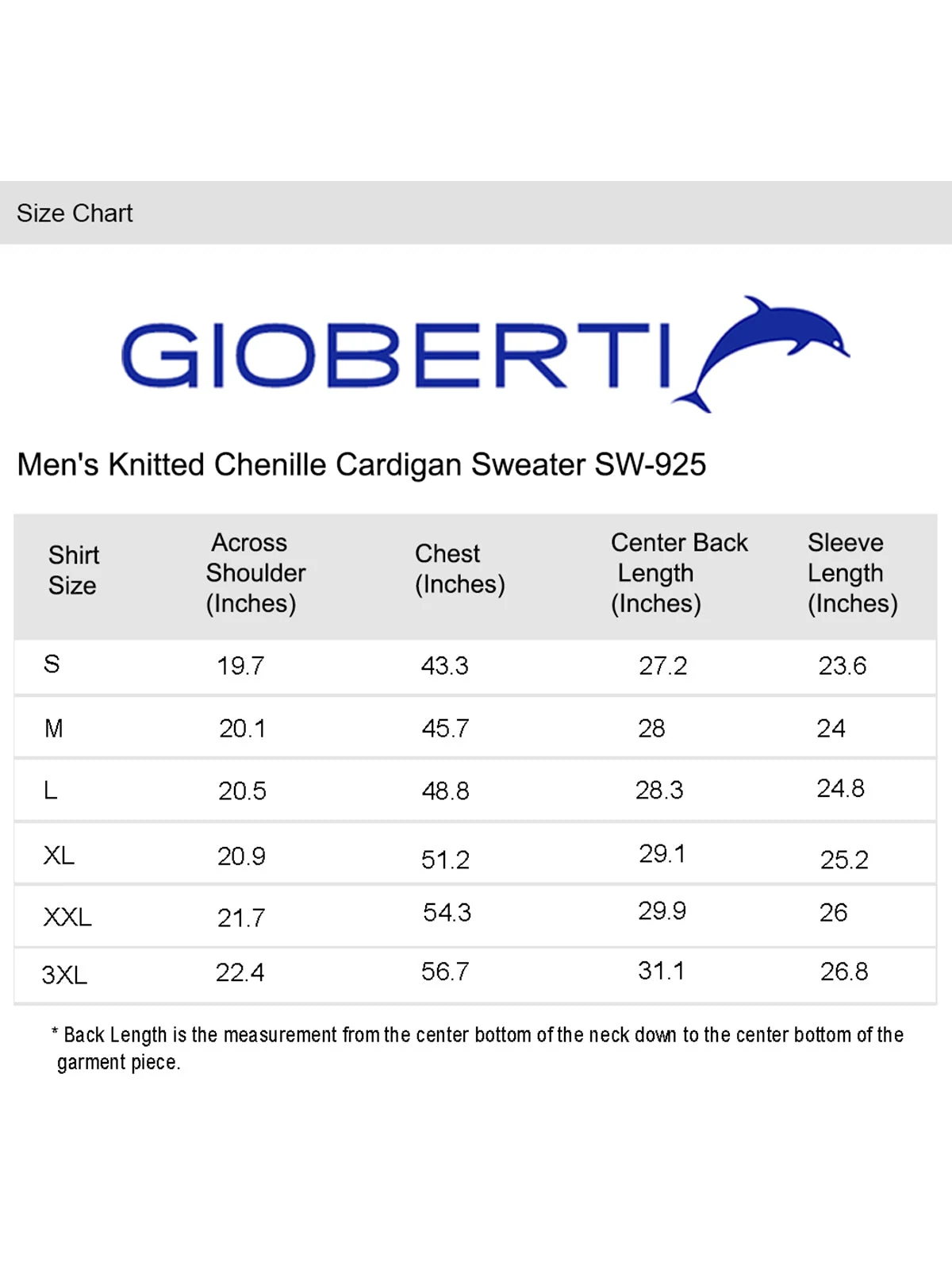 Men's Chenille Cardigan Sweater size chart
